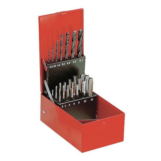 Tap and drill-bit sets, 21 cobalt taps 7 drill bits set 3 taps each from M3 to M12