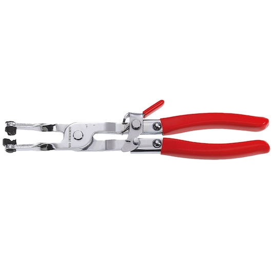 Self-tightening clamp plier, long-reach model with lock and pivoting jaws
