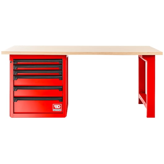 front view red workbench with wood worktop RWS2